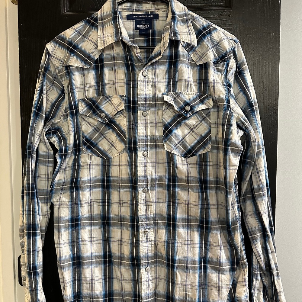 Old Navy Slim Fit Everyday Shirt. Size S. Blue/White/Grey
